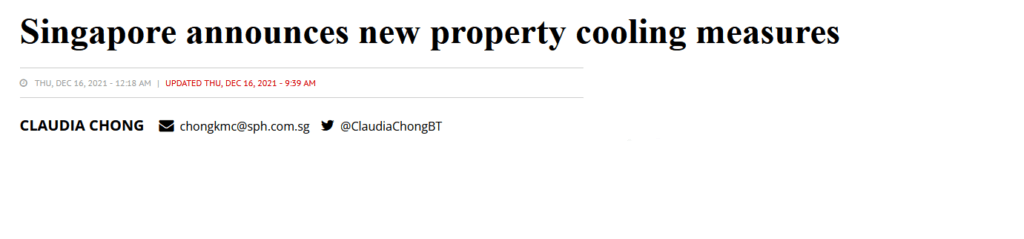 Business Times headline of Singapore property cooling measures